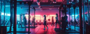 a dynamic gym environment filled with vibrant energy, showcasing strong, determined women engaged in various fitness activities within a modern, well-lit space.