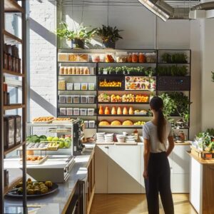 a focused nutrition coach stands confidently in a sleek, modern office, surrounded by vibrant, healthy food displays and engaging visual aids, illustrating a dynamic blend of expertise and personalized wellness guidance.