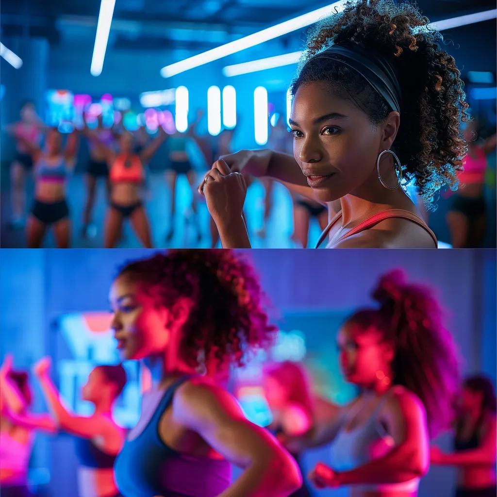 a dynamic fitness studio filled with diverse women engaged in high-energy workout classes, surrounded by vibrant colors and motivational posters, showcasing a strong sense of community and empowerment.