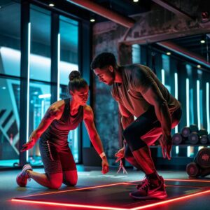 a dynamic urban gym scene in stamford, ct, features a focused personal trainer guiding a client through an intense workout, showcasing customized training techniques in a sleek, modern fitness environment.