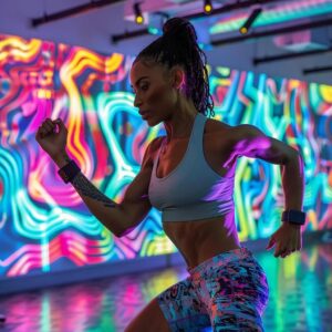 an energetic personal training session unfolding in a modern, brightly lit gym, featuring a determined woman engaged in dynamic exercises, surrounded by vibrant fitness equipment and motivational wall art that embodies empowerment and transformation.