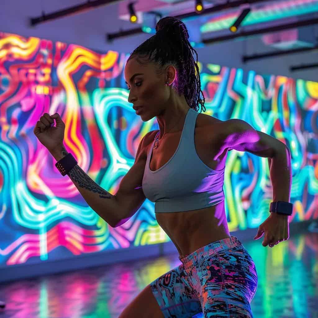 an energetic personal training session unfolding in a modern, brightly lit gym, featuring a determined woman engaged in dynamic exercises, surrounded by vibrant fitness equipment and motivational wall art that embodies empowerment and transformation.