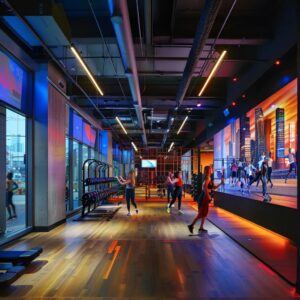 a sleek, modern fitness studio interior, bustling with vibrant energy as diverse individuals engage in high-intensity workouts surrounded by state-of-the-art equipment and motivational wall art.