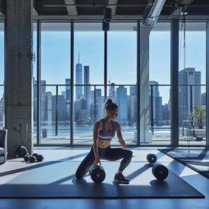 a dynamic urban gym scene showcasing a confident woman engaged in an innovative personal training session, surrounded by sleek equipment and vibrant cityscape views through large windows.