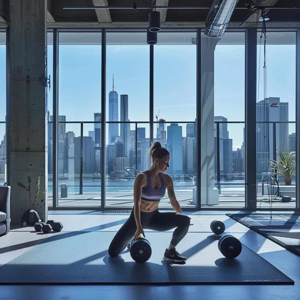 a dynamic urban gym scene showcasing a confident woman engaged in an innovative personal training session, surrounded by sleek equipment and vibrant cityscape views through large windows.