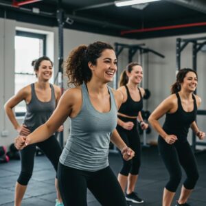 Group of women in a fitness class demonstrating accountability and support in a gym setting
