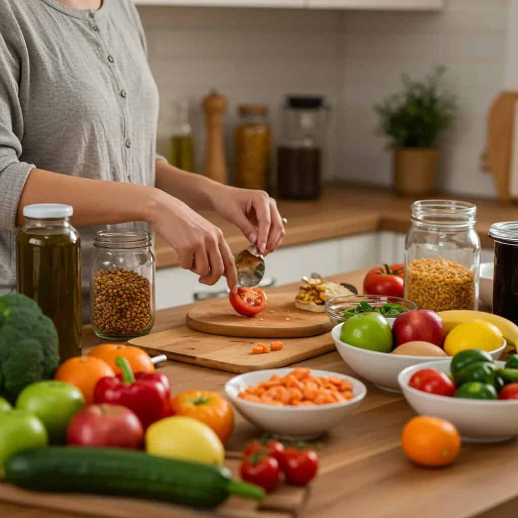Woman preparing healthy meals with a nutrition coach in a cozy kitchen setting