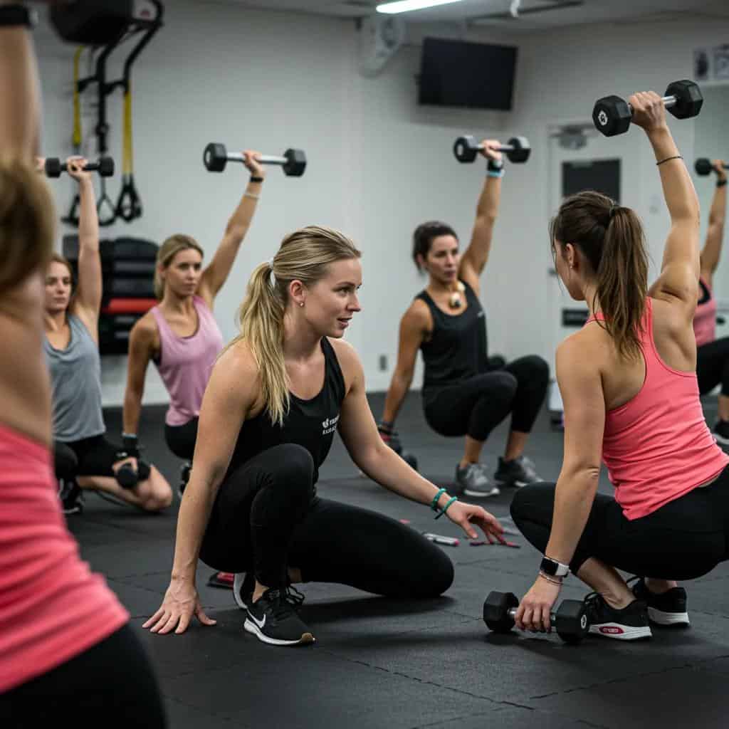 Women in a small group personal training session receiving expert coaching and support