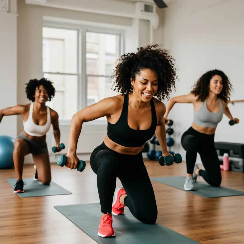 Women participating in a small group workout class, showcasing empowerment and community in fitness