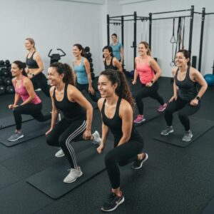 Women participating in a small group workout class, showcasing community and fitness