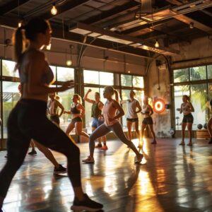 a dynamic indoor fitness studio features a diverse group of motivated individuals engaged in an energetic small group training session, showcasing camaraderie and support amidst vibrant, motivational decor.