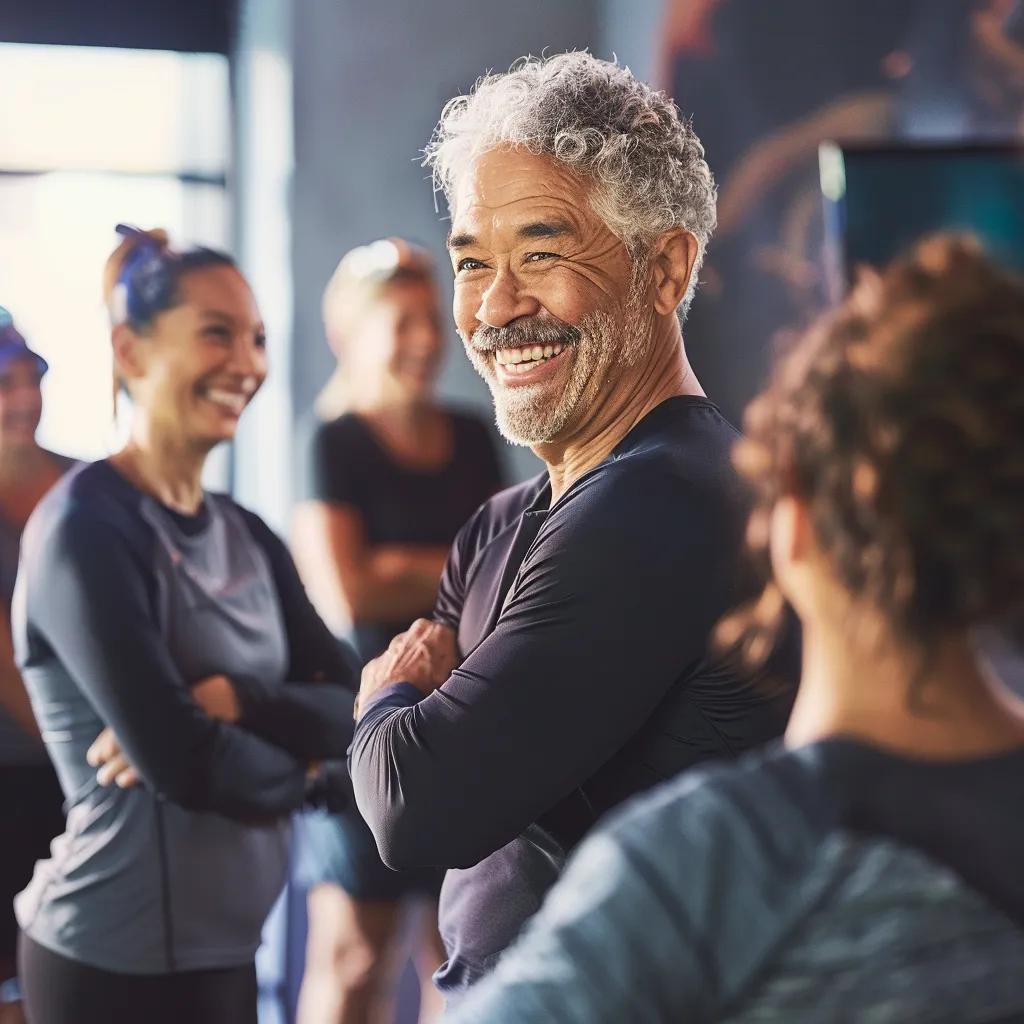 a dynamic coaching session unfolds in a modern gym, featuring an invigorating atmosphere where a personal trainer guides a diverse group of energetic adults aged 55 and up through engaging workouts, showcasing a commitment to health and vitality.